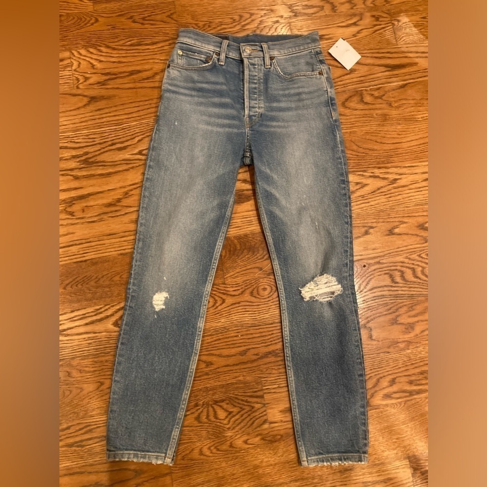 RE/DONE 90s High Rise Ankle Crop Jeans Size 26 Med Wash Button Fly Distressed!